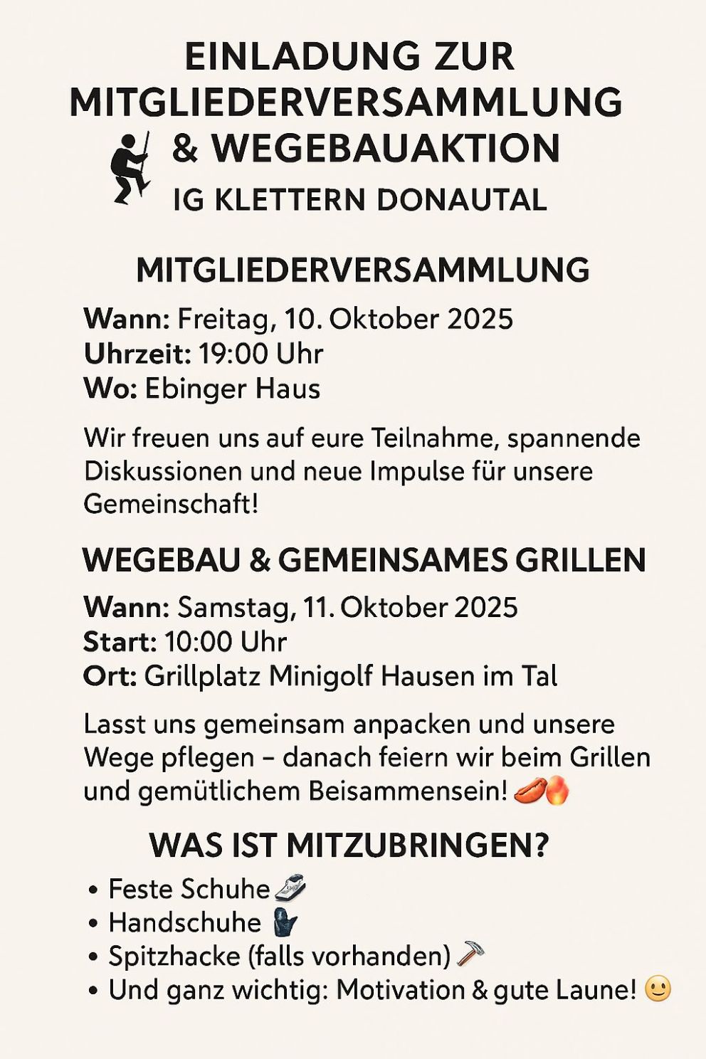 Einladung zur Mitgliederhauptversammlung und Wegebau mit Grillfest 2025